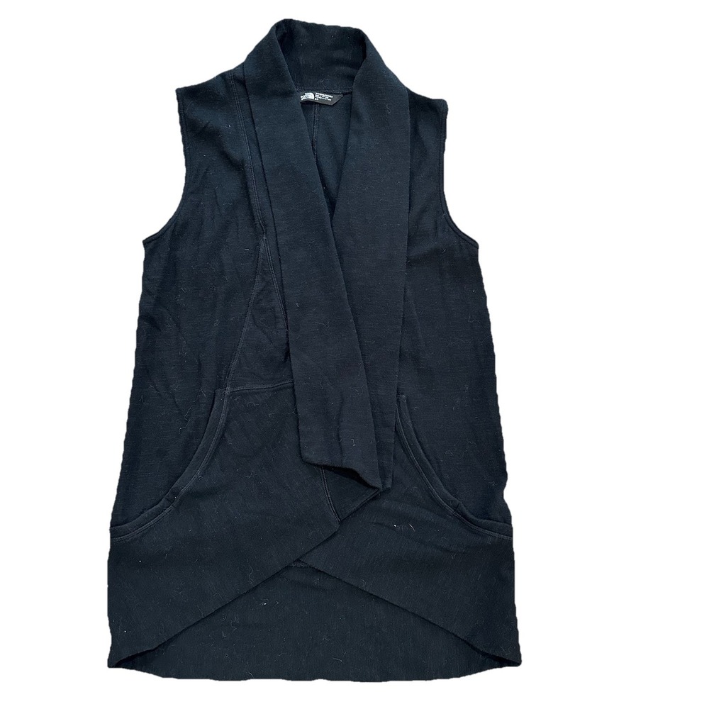 The North Face Black Long Vest Soft Open Front‎ With Pockets Size Small Leaf